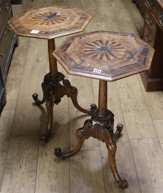 A pair of early Victorian octagonal top occasional tables, in beechwood, the inlaid tops crossbanded in rosewood W.44cm
